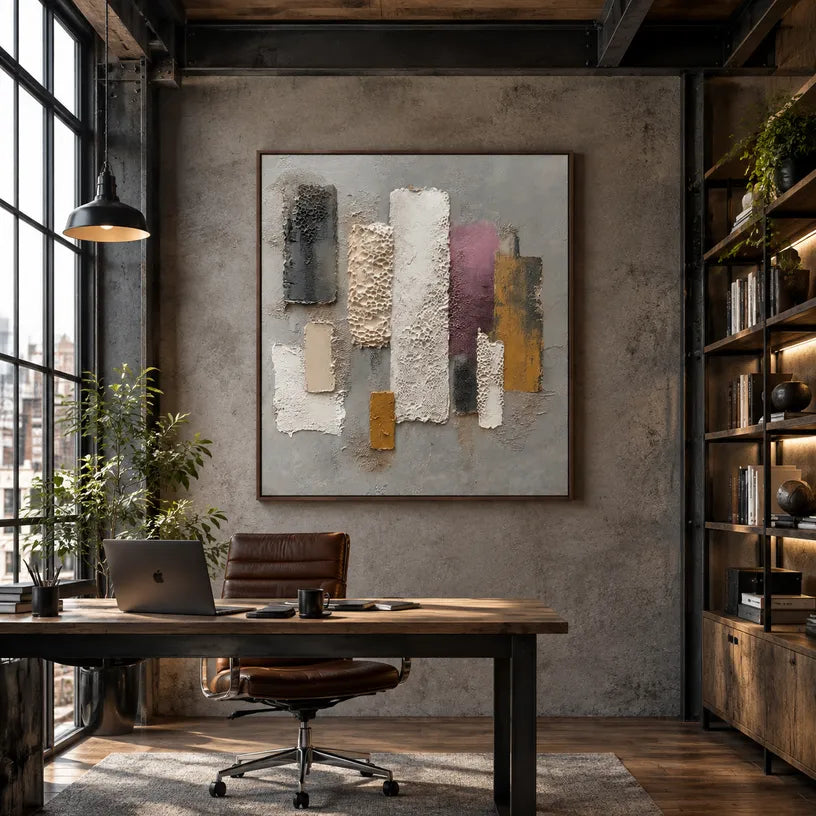 Wabi-Sabi abstract oil painting showing layered abstract marks, texture and expressive painterly movement in a grey palette.