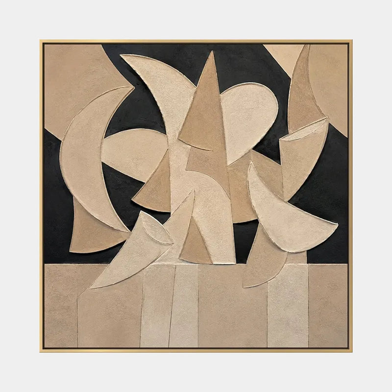Wabi-Sabi Blumen-/Pflanzen- und Naturölgemälde mit botanischen Formen, Blumen oder natürlichen Elementen in einer malerischen Komposition in einer Beige-Palette.