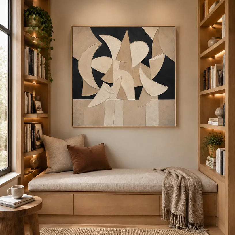Wabi-Sabi abstract oil painting showing layered abstract marks, texture and expressive painterly movement in a brown palette.