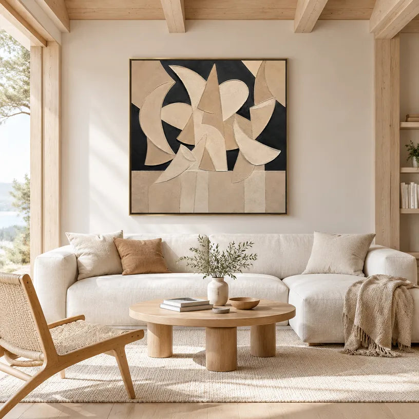 Wabi-Sabi abstract oil painting showing layered abstract marks, texture and expressive painterly movement in a brown palette.