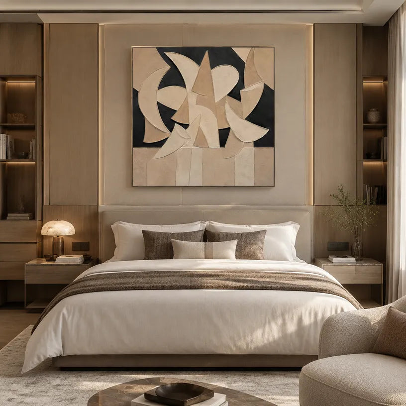 Wabi-Sabi abstract oil painting showing layered abstract marks, texture and expressive painterly movement in a brown palette.