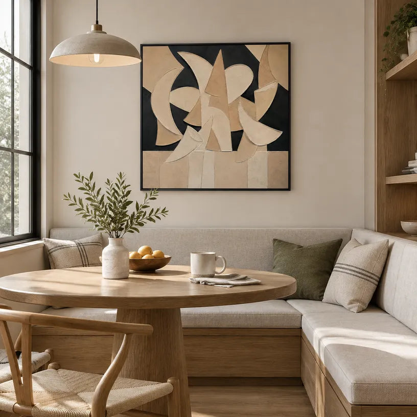 Wabi-Sabi abstract oil painting showing layered abstract marks, texture and expressive painterly movement in a brown palette.