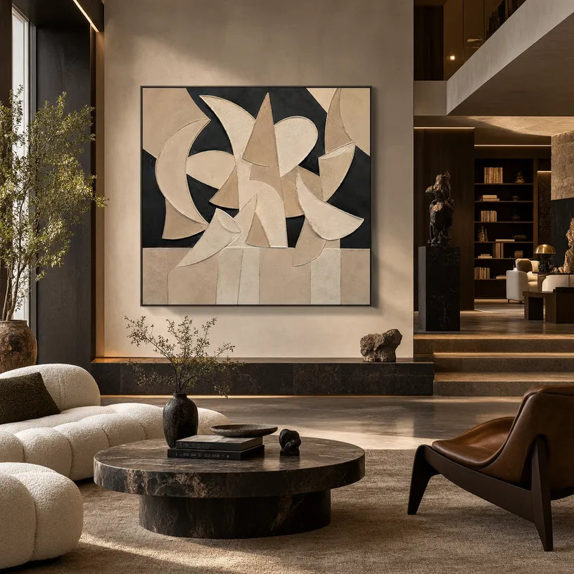 Wabi-Sabi abstract oil painting showing layered abstract marks, texture and expressive painterly movement in a brown palette.