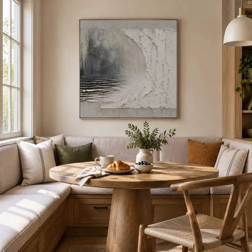 Wabi-Sabi abstract oil painting showing layered abstract marks, texture and expressive painterly movement in a grey palette.