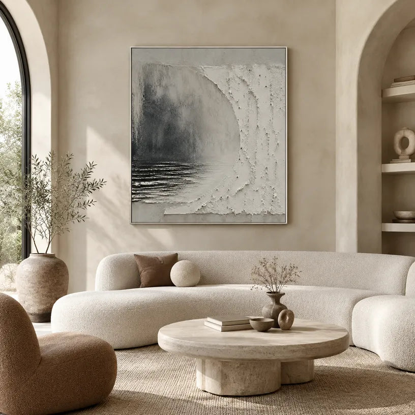 Wabi-Sabi abstract oil painting showing layered abstract marks, texture and expressive painterly movement in a grey palette.