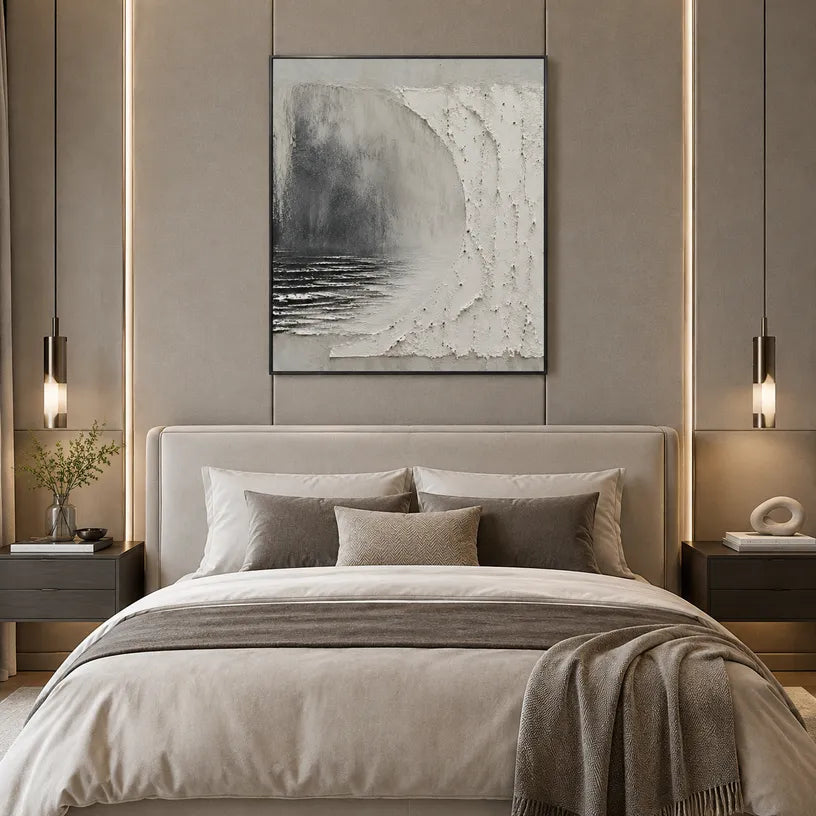 Wabi-Sabi abstract oil painting showing layered abstract marks, texture and expressive painterly movement in a grey palette.