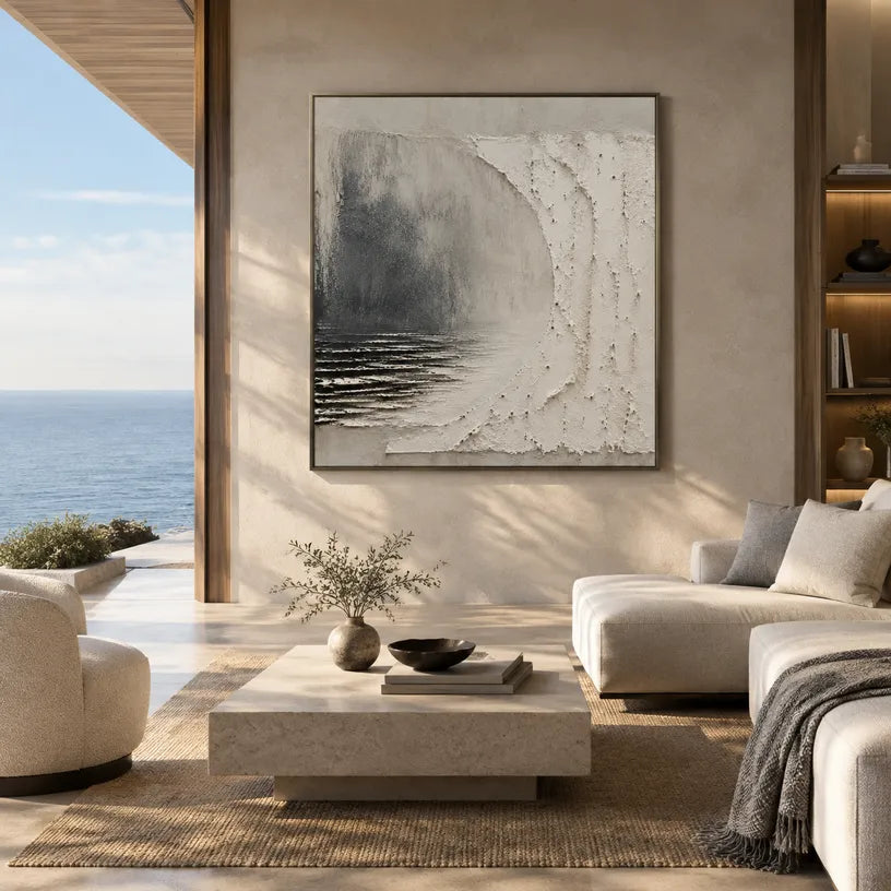 Wabi-Sabi abstract oil painting showing layered abstract marks, texture and expressive painterly movement in a grey palette.