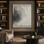 Wabi-Sabi abstract oil painting showing layered abstract marks, texture and expressive painterly movement in a grey palette.