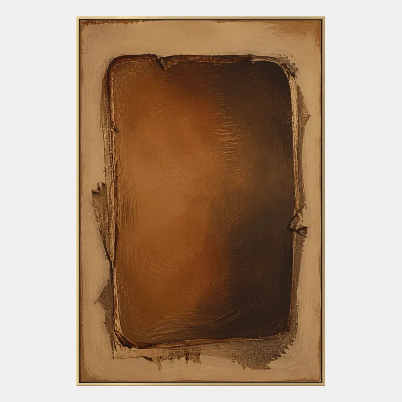Wabi-Sabi abstract oil painting showing layered abstract marks, texture and expressive painterly movement in a brown palette.