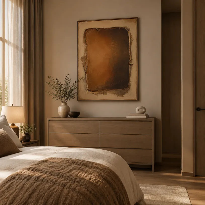 Wabi-Sabi abstract oil painting showing layered abstract marks, texture and expressive painterly movement in a brown palette.