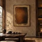Wabi-Sabi abstract oil painting showing layered abstract marks, texture and expressive painterly movement in a brown palette.