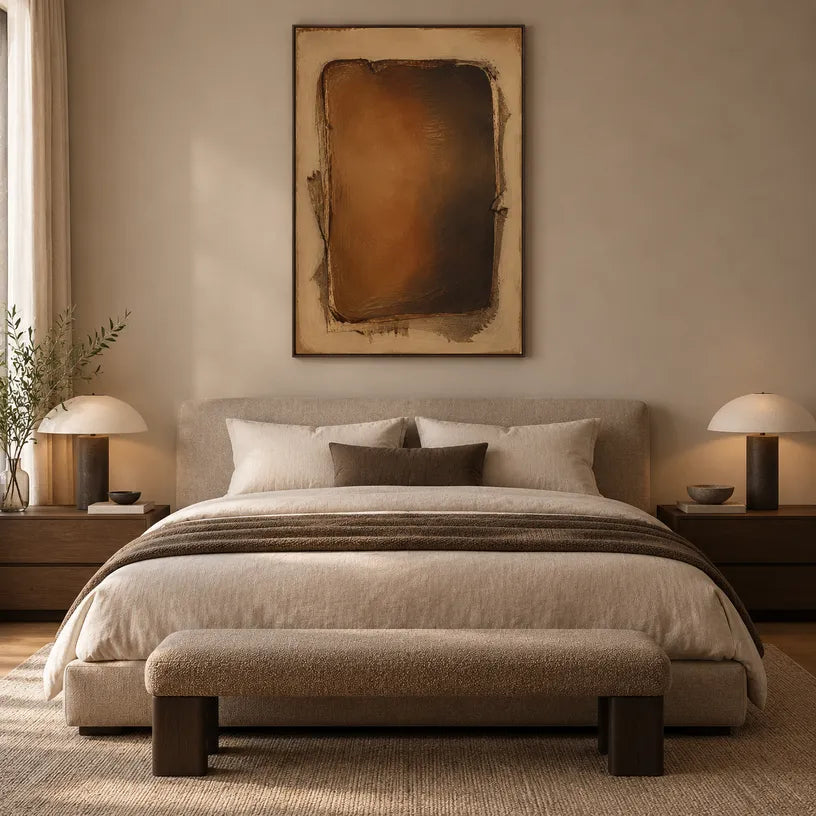 Wabi-Sabi abstract oil painting showing layered abstract marks, texture and expressive painterly movement in a brown palette.