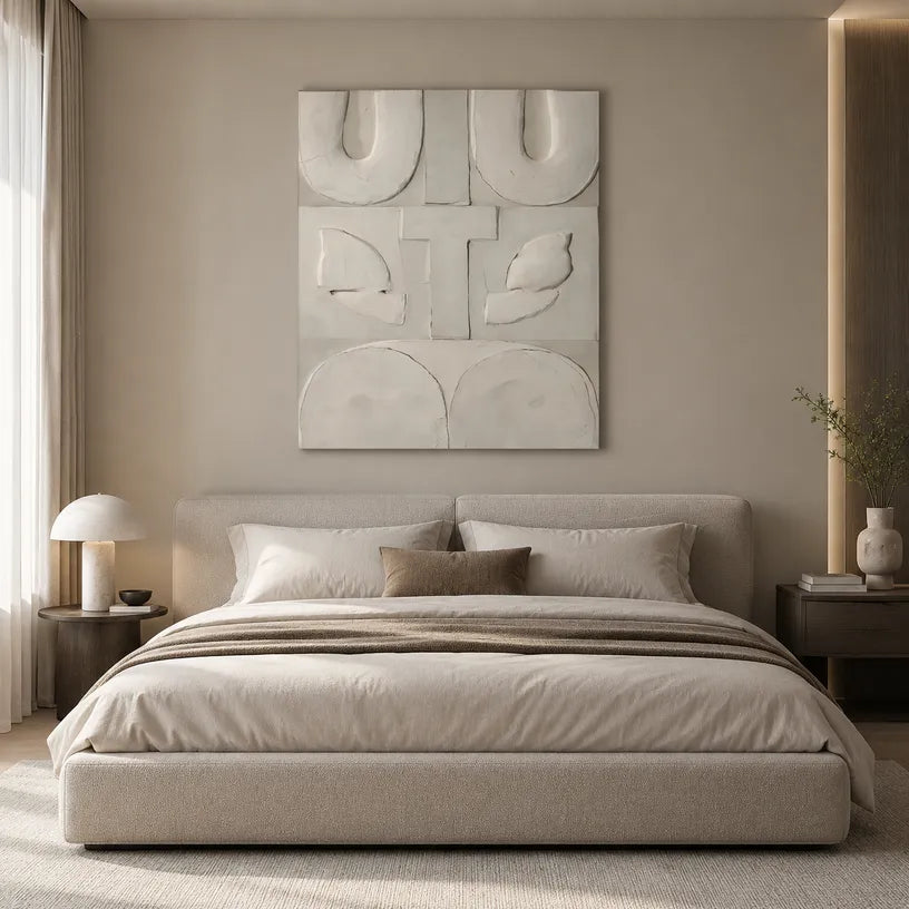 Wabi-Sabi abstract oil painting showing layered abstract marks, texture and expressive painterly movement in a grey palette.