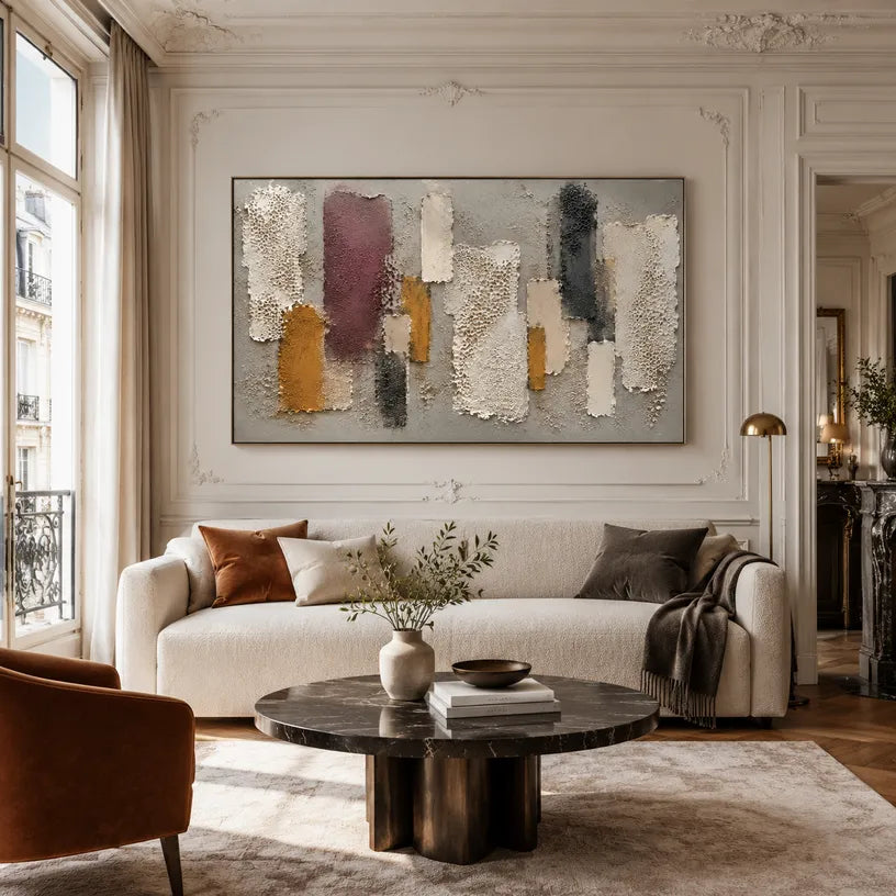 Wabi-Sabi abstract oil painting showing layered abstract marks, texture and expressive painterly movement in a brown palette.