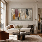 Wabi-Sabi abstract oil painting showing layered abstract marks, texture and expressive painterly movement in a brown palette.