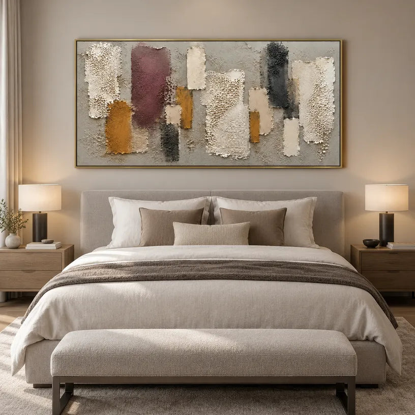 Wabi-Sabi abstract oil painting showing layered abstract marks, texture and expressive painterly movement in a brown palette.