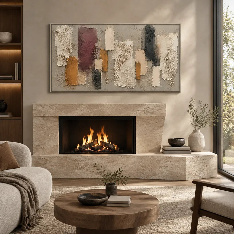 Wabi-Sabi abstract oil painting showing layered abstract marks, texture and expressive painterly movement in a brown palette.