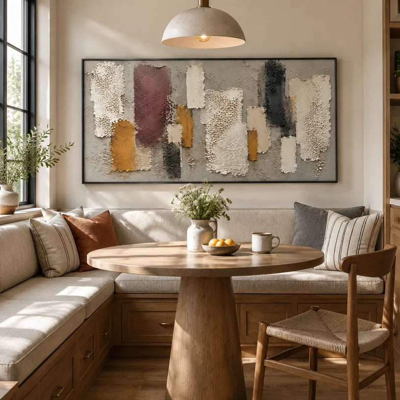 Wabi-Sabi abstract oil painting showing layered abstract marks, texture and expressive painterly movement in a brown palette.