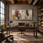 Wabi-Sabi abstract oil painting showing layered abstract marks, texture and expressive painterly movement in a brown palette.
