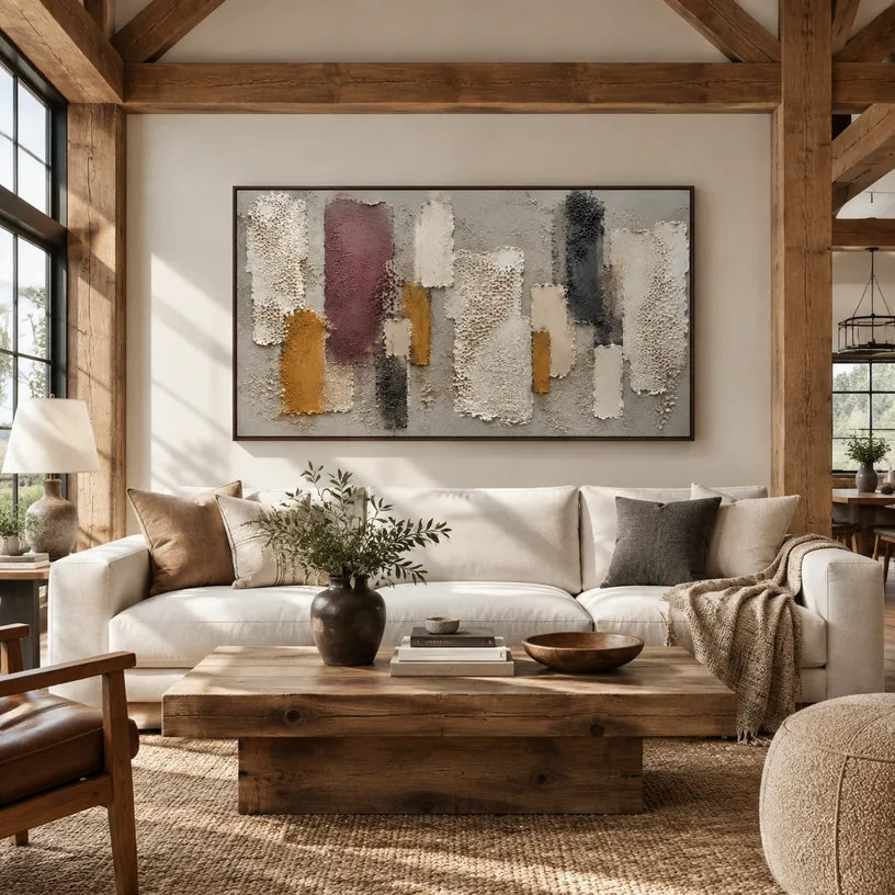 Wabi-Sabi abstract oil painting showing layered abstract marks, texture and expressive painterly movement in a brown palette.