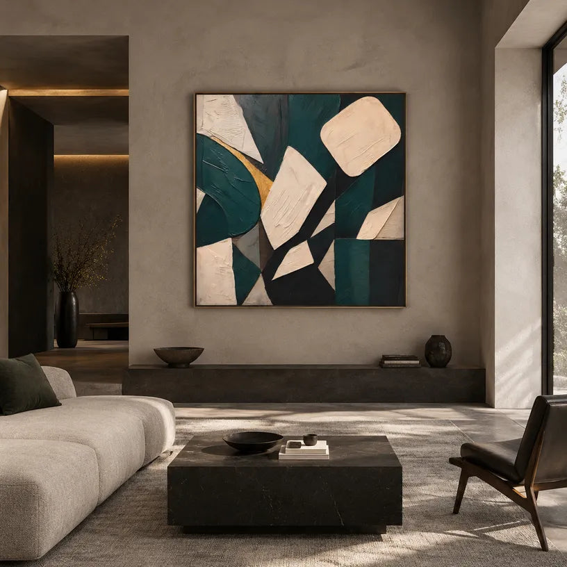 Wabi-Sabi abstract oil painting showing layered abstract marks, texture and expressive painterly movement in a black palette.