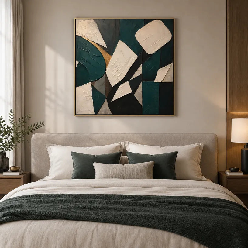 Wabi-Sabi abstract oil painting showing layered abstract marks, texture and expressive painterly movement in a black palette.
