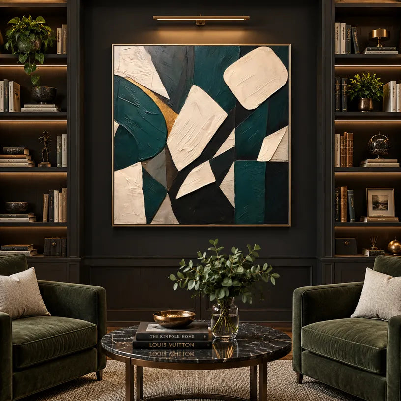 Wabi-Sabi abstract oil painting showing layered abstract marks, texture and expressive painterly movement in a black palette.
