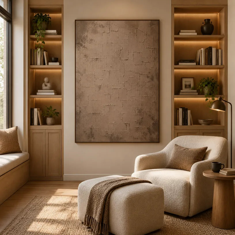 Wabi-Sabi abstract oil painting showing layered abstract marks, texture and expressive painterly movement in a brown palette.