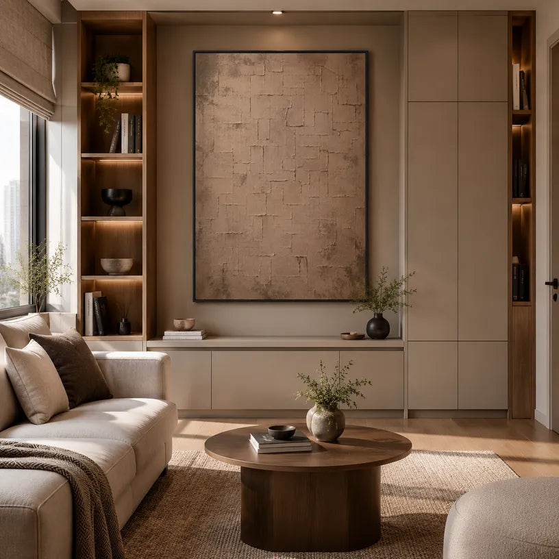 Wabi-Sabi abstract oil painting showing layered abstract marks, texture and expressive painterly movement in a brown palette.