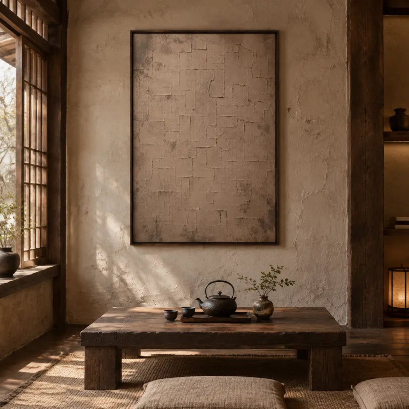 Wabi-Sabi abstract oil painting showing layered abstract marks, texture and expressive painterly movement in a brown palette.