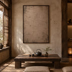 Wabi-Sabi abstract oil painting showing layered abstract marks, texture and expressive painterly movement in a brown palette.
