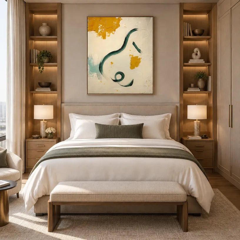 Wabi-Sabi abstract oil painting showing layered abstract marks, texture and expressive painterly movement in a beige palette.