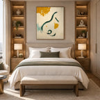 Wabi-Sabi abstract oil painting showing layered abstract marks, texture and expressive painterly movement in a beige palette.