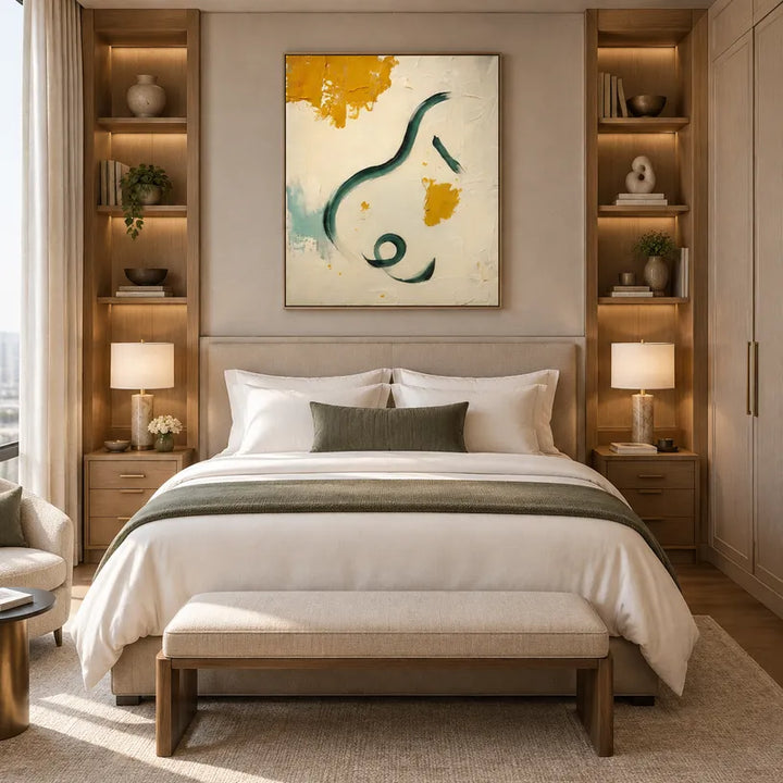 Pittura a olio astratta e concettuale Wabi-Sabi con segni astratti stratificati, consistenza e movimento pittorico espressivo.