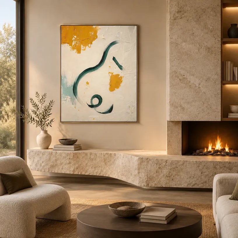 Wabi-Sabi abstract oil painting showing layered abstract marks, texture and expressive painterly movement in a beige palette.