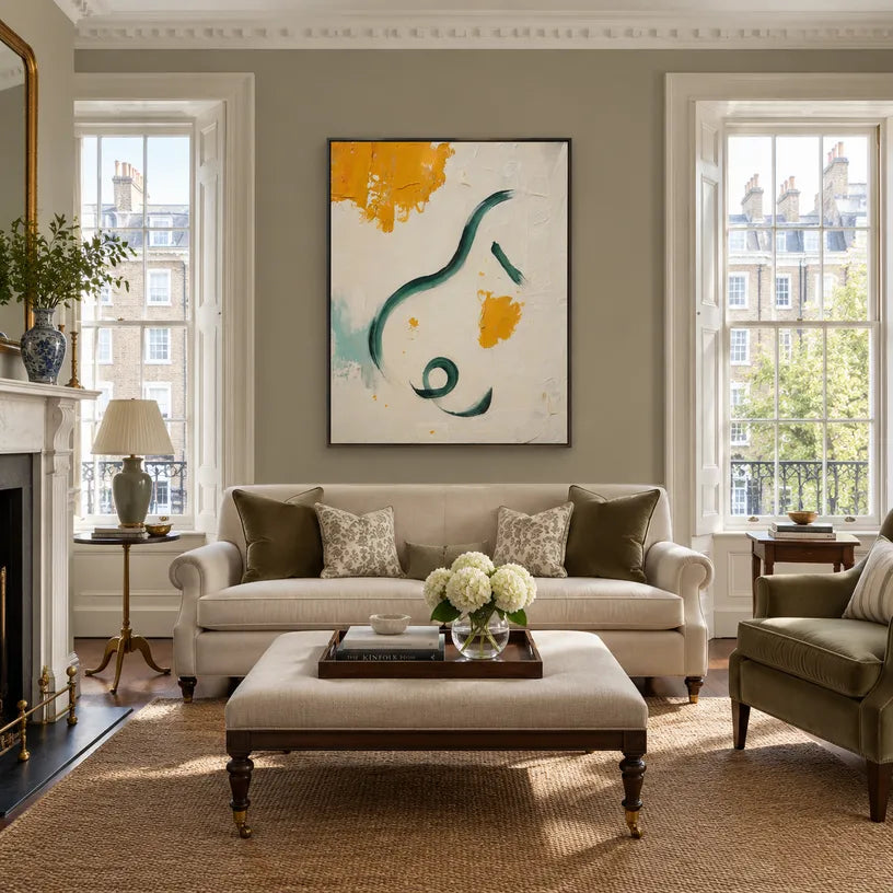 Wabi-Sabi abstract oil painting showing layered abstract marks, texture and expressive painterly movement in a beige palette.