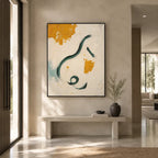 Wabi-Sabi abstract oil painting showing layered abstract marks, texture and expressive painterly movement in a beige palette.