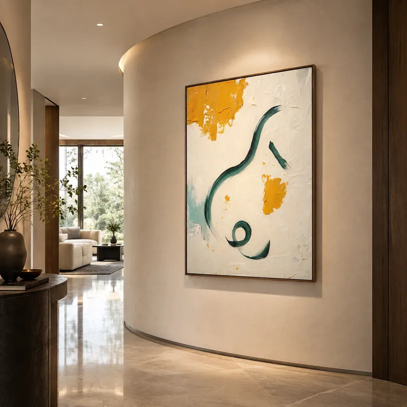 Wabi-Sabi abstract oil painting showing layered abstract marks, texture and expressive painterly movement in a beige palette.