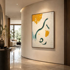 Wabi-Sabi abstract oil painting showing layered abstract marks, texture and expressive painterly movement in a beige palette.
