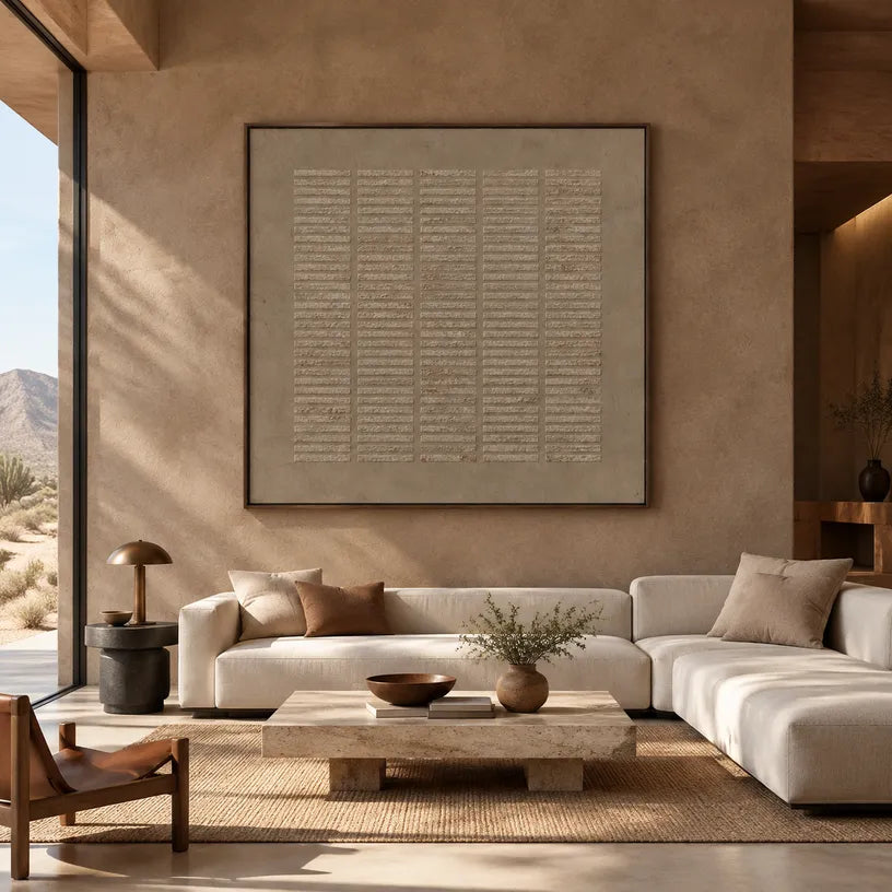 Wabi-Sabi abstract oil painting showing layered abstract marks, texture and expressive painterly movement in a brown palette.