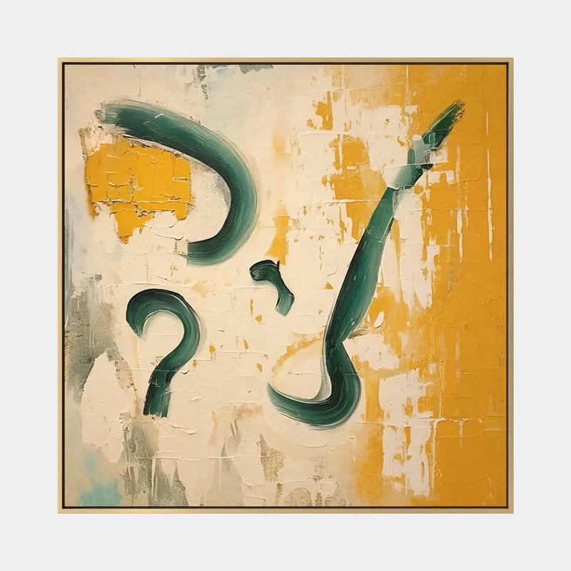Abstraktes und konzeptuelles Ölgemälde von Wabi-Sabi mit geschichteten abstrakten Zeichen, Textur und ausdrucksstarker malerischer Bewegung in einer orangefarbenen Palette.