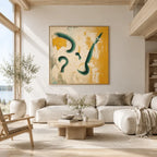 Wabi-Sabi abstract oil painting showing layered abstract marks, texture and expressive painterly movement in a beige palette.