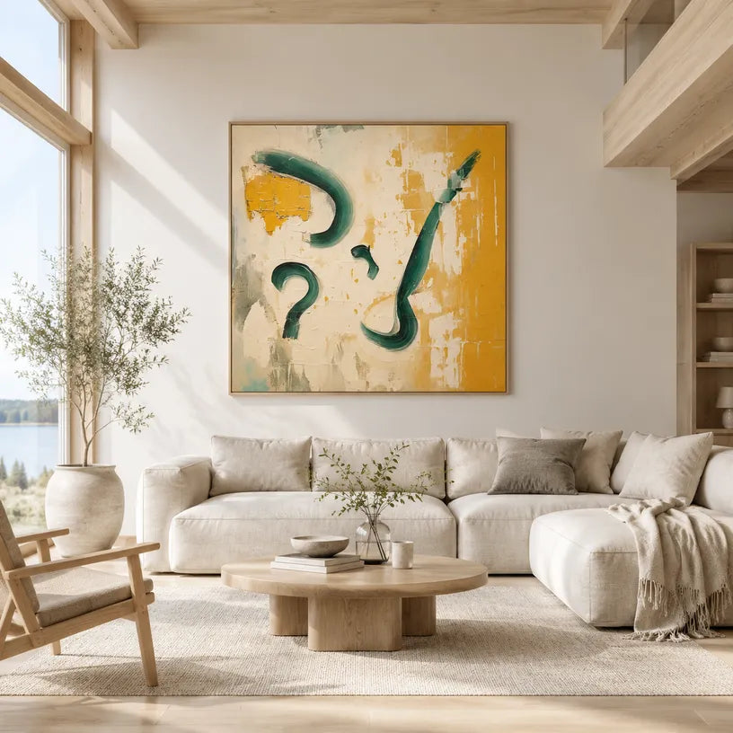 Wabi-Sabi abstract oil painting showing layered abstract marks, texture and expressive painterly movement in a beige palette.