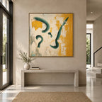 Wabi-Sabi abstract oil painting showing layered abstract marks, texture and expressive painterly movement in a beige palette.