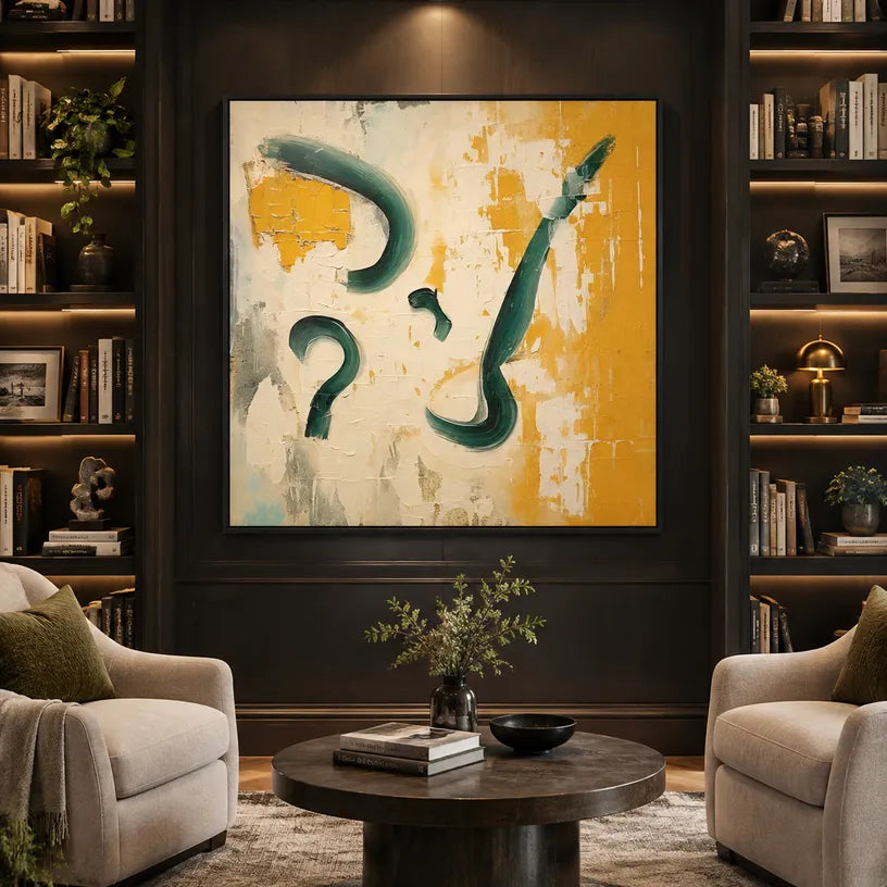Wabi-Sabi abstract oil painting showing layered abstract marks, texture and expressive painterly movement in a beige palette.
