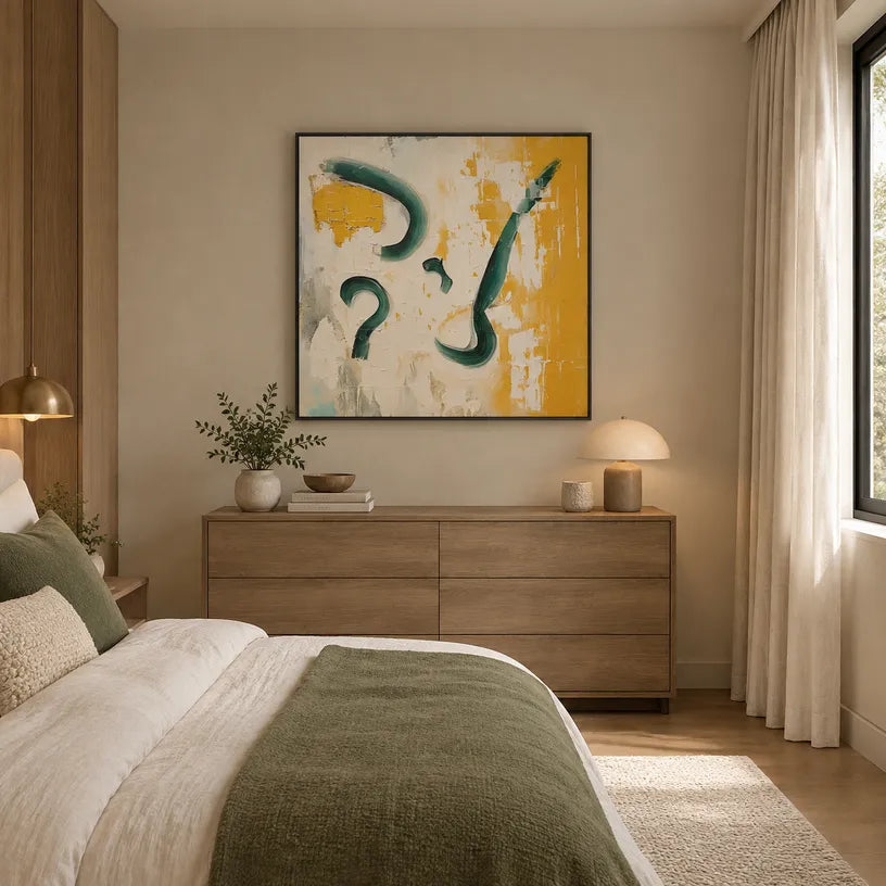Wabi-Sabi abstract oil painting showing layered abstract marks, texture and expressive painterly movement in a beige palette.