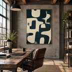 Wabi-Sabi abstract oil painting showing layered abstract marks, texture and expressive painterly movement in a beige palette.