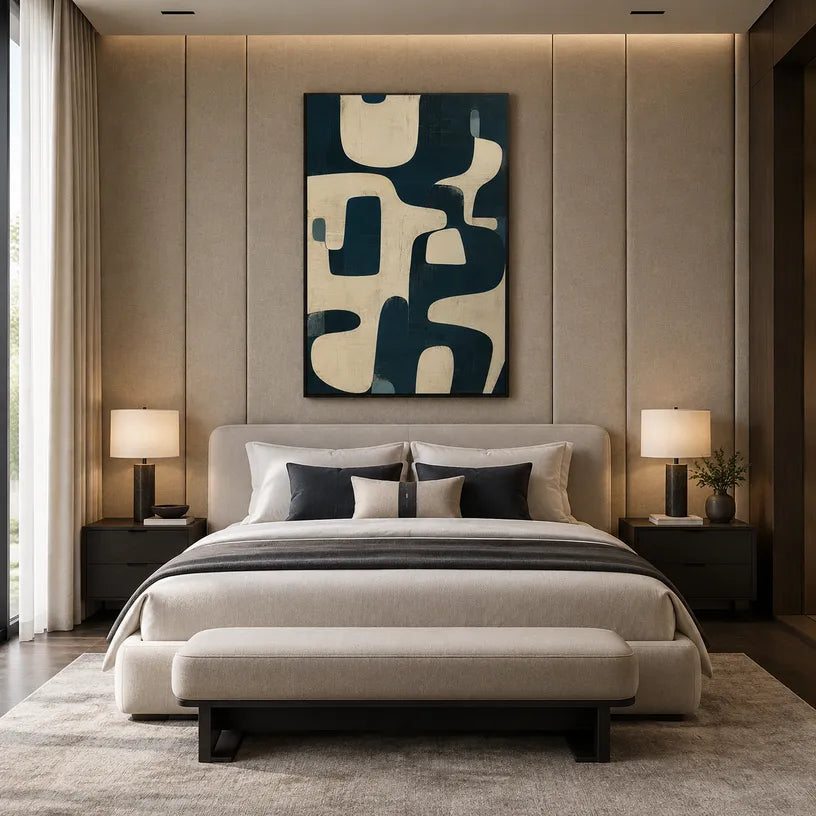 Wabi-Sabi abstract oil painting showing layered abstract marks, texture and expressive painterly movement in a beige palette.