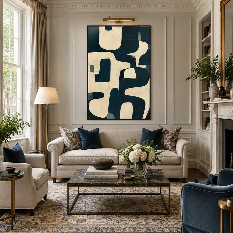 Wabi-Sabi abstract oil painting showing layered abstract marks, texture and expressive painterly movement in a beige palette.