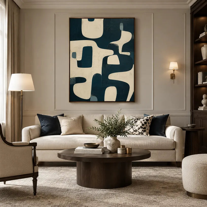 Wabi-Sabi abstract oil painting showing layered abstract marks, texture and expressive painterly movement in a beige palette.